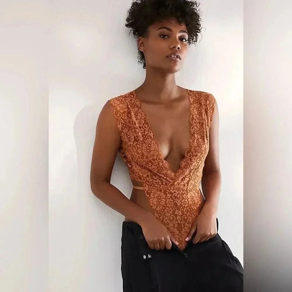 We Are HAH Free People Cut To The Chase Lace Bodysuit Brown Sugar Small NWT